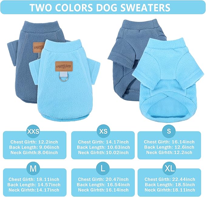 2 Pack Dog Sweaters Warm Fleece Dogs Sweatshirt for Small Medium Dogs with Leash Ring Pet Outfit Puppy Coat Apparel Winter Dog Clothes for Chihuahua, Yorkie, Bulldog, Dachshund Cats XXS, Blue