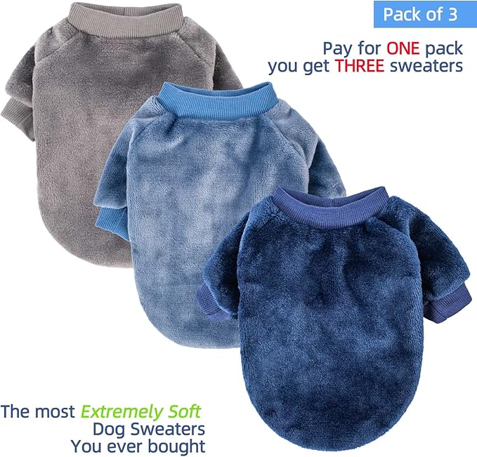 FabriCastle Small Dog Sweaters, 3-Pack Dog & Cat Clothes, Ultra Soft and Warm Pet Jackets for Small Dogs Boy & Girl, Winter Pet Apparel Costumes, Puppy Outfits (Grey,Blue,Dark Blue, XX-Large)