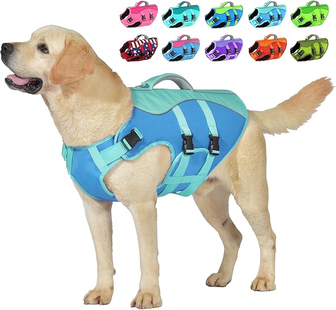 Dog Life Jacket, High Buoyancy Dog Life Vest with Handle for Swimming Boating, Adjustable Swimming Vest with Reflective Trim for Small Medium Large Dogs - Blue, XL