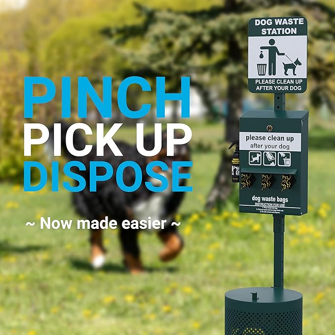 Flash Furniture Kessler Locking Dog Waste Bag Dispenser with Glow in the Dark Sign, Hand Sanitizer Bottle and Rain Guard - 600 Roll Bags Included