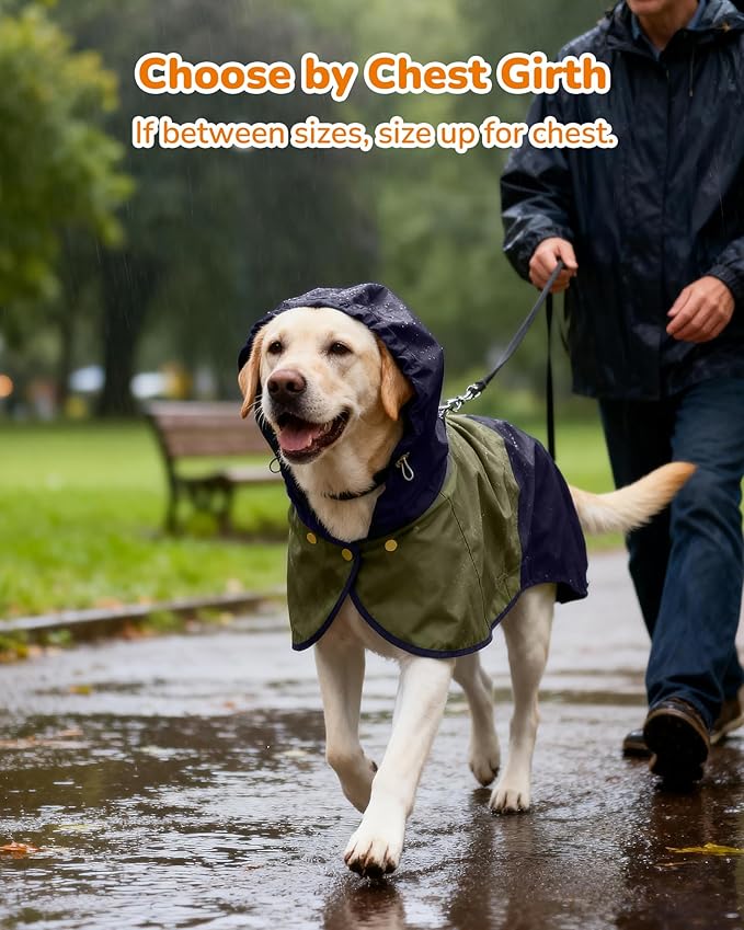 Waterproof Dog Raincoat with Hood, Extended Coverage Rain Jacket for Large Dogs, Wind-Resistant Secure Fit with Leg Straps, Reflective, Leash Hole, Easy Hook & Loop Fastener On/Off, Blue, L