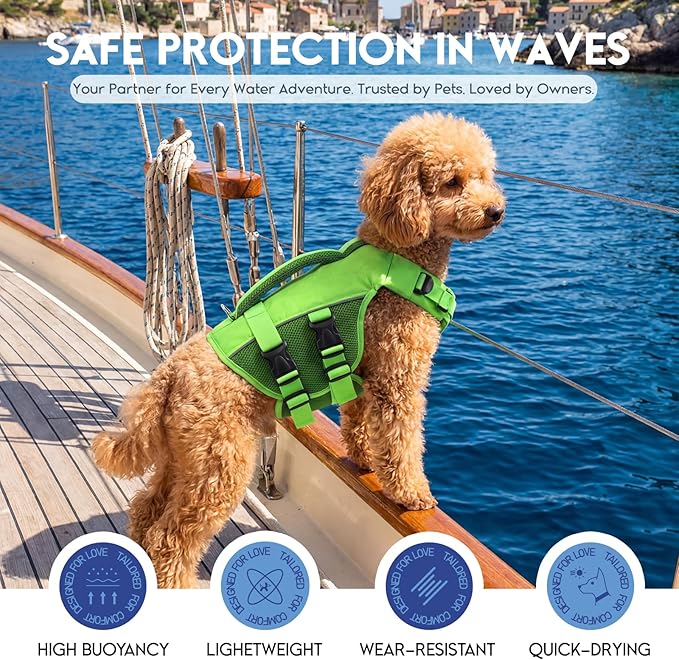 ASENKU Dog Life Jacket, High-Buoyancy Reflective Dog Swimming Vest with Durable Handles for Small/Medium/Large Dogs - Pool, Beach, Boating (Green, XS)