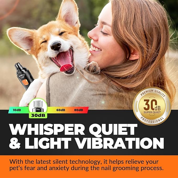 Whisper Quiet Dog Nail Grinder with LED Light, Safe & Stress-Free for Sensitive Dogs of All Breeds & Sizes, 3 Grinding Bits, 3-Speed, Pet Nail Trimmers, Rechargeable Painless Grooming Kit