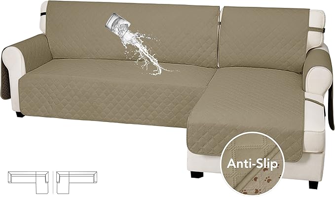 Easy-Going Waterproof Sectional Couch Covers with Chaise 2-Piece Non Slip L Shape Sofa Cover for Dogs Leakproof Furniture Protector Cover with Adjustable Strap for Pets (Small, Beige)