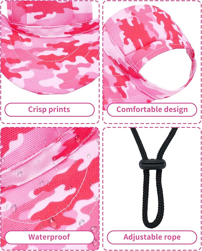 PET SHOW Dog Baseball Cap Camouflage Dog Visors for Medium Small Dogs Summer Waterproof Pet Sun Hats with Ear Holes Adjustable Drawstring Girl Puppy Hat -Pink/L