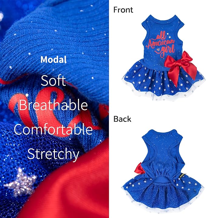 Fitwarm All American Girl Dog Dress, 4th of July Clothes for Small Dogs, Patriotic Tulle Dress, Pet Outfit, Royal Blue, Red, White, Large