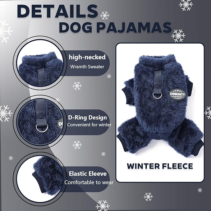 Fleece Dog Pajamas Winter Warm Dog Sweater for Small Dogs Thermal Soft Puppy Pjs Coat Stretchy Jumpsuit Doggie Pet Clothes Outfits Cat Apparel (Navy Blue, X-Small)
