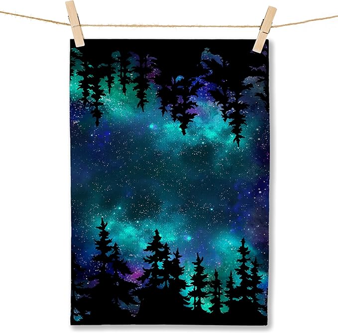 Forest Decor Kitchen Towel&Starry Night Sky Forest Decorative Hand Towels, Forest Bathroom Towels&Forest Decor Dish Towels Tea Towels for Kitchen, 16x24 Inches