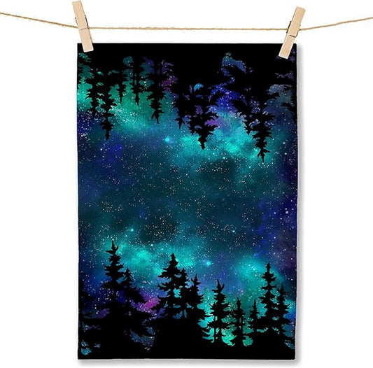Forest Decor Kitchen Towel&Starry Night Sky Forest Decorative Hand Towels, Forest Bathroom Towels&Forest Decor Dish Towels Tea Towels for Kitchen, 16x24 Inches