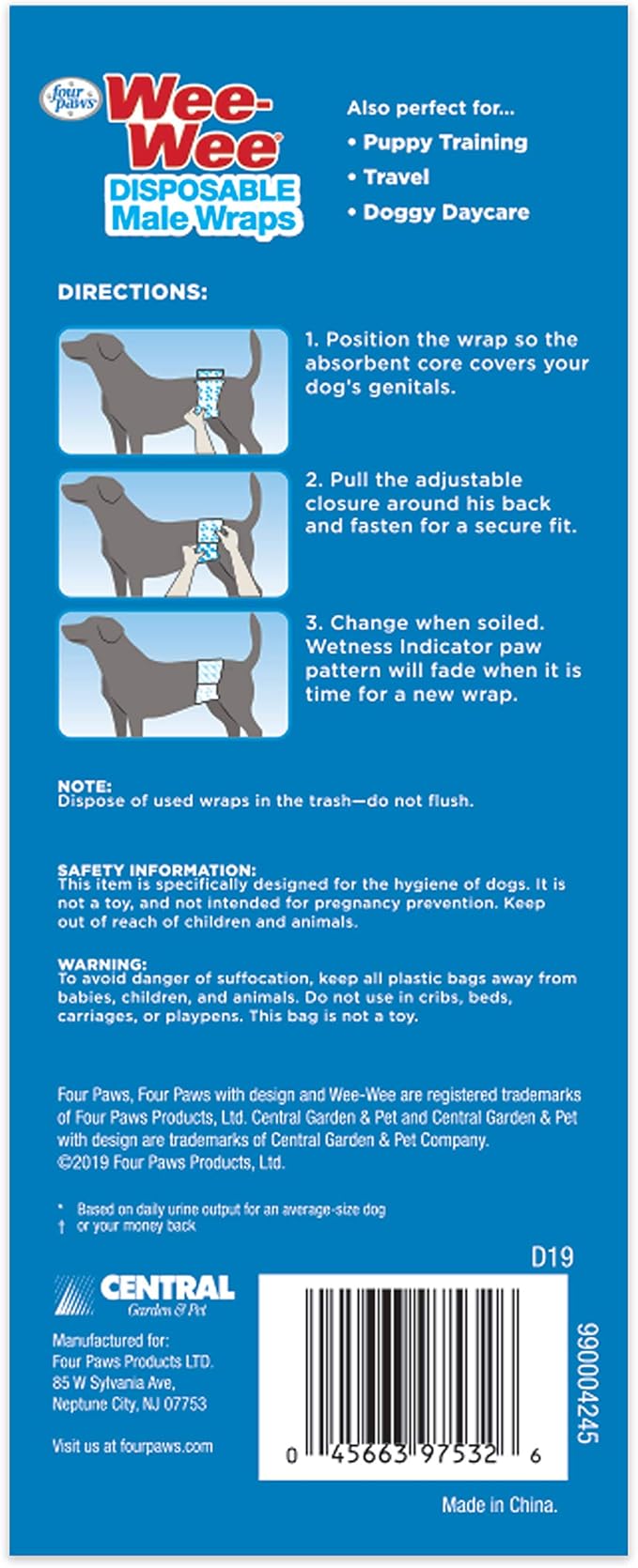 Four Paws Wee-Wee Super Absorbent Disposable Adjustable Dog Potty Training Male Wraps Diapers, Leak-Proof Protection for Puppies and Small Dogs, Extra Small, 36 Count