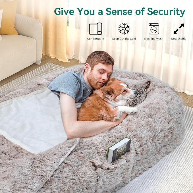 YITAHOME Human Dog Bed, 79"x43" Extra Large Memory Foam Dog Beds for Adults and Pets with Blanket and Pillow, Washable Fur Cover, Dark Brown