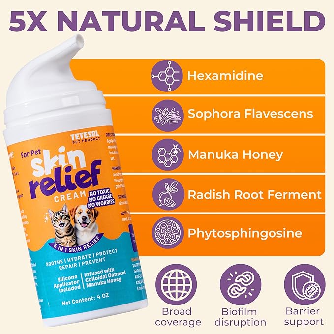 Dog Itchy Skin Relief Cream Hot Spot Treatment, Dogs Balm Rapid Healing Dry Itchy Skin with Colloidal Oatmeal Manuka Honey- 100g Lotion with Applicator