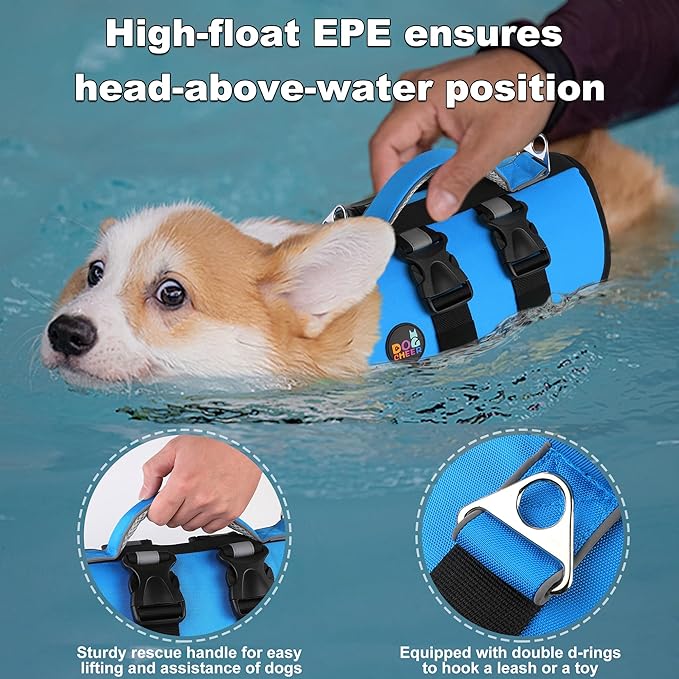 Dogcheer Dog Harness Life Jacket, High Buoyancy Neoprene Dog Life Vest for Swimming Boating, Adjustable Puppy Swim Vest Reflective Pet Float Vest for Small Medium Large Dogs - Blue, S