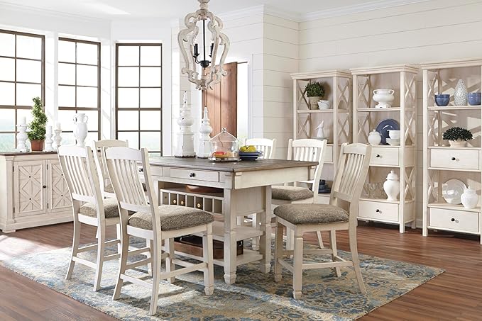 Signature Design by Ashley Bolanburg Rectangular Counter Dining Room Table, 4 Drawers, Seats 6, Storage Rack, Wood, 60" W x 40" D x 36" H, White & Brown