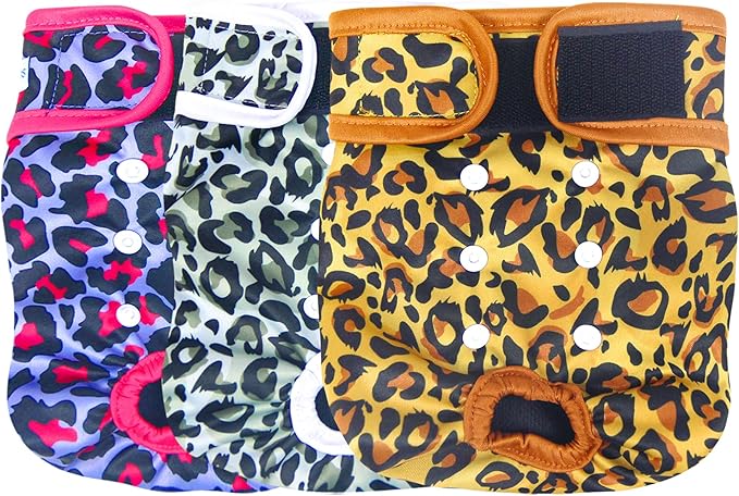 Leekalos Reusable Washable Dog Diapers Female (3 Pack) - Highly Absorbent Doggie Diapers - Size Adjustable Puppy Diapers for Dog Period Panties (XX-Large, Leopard)