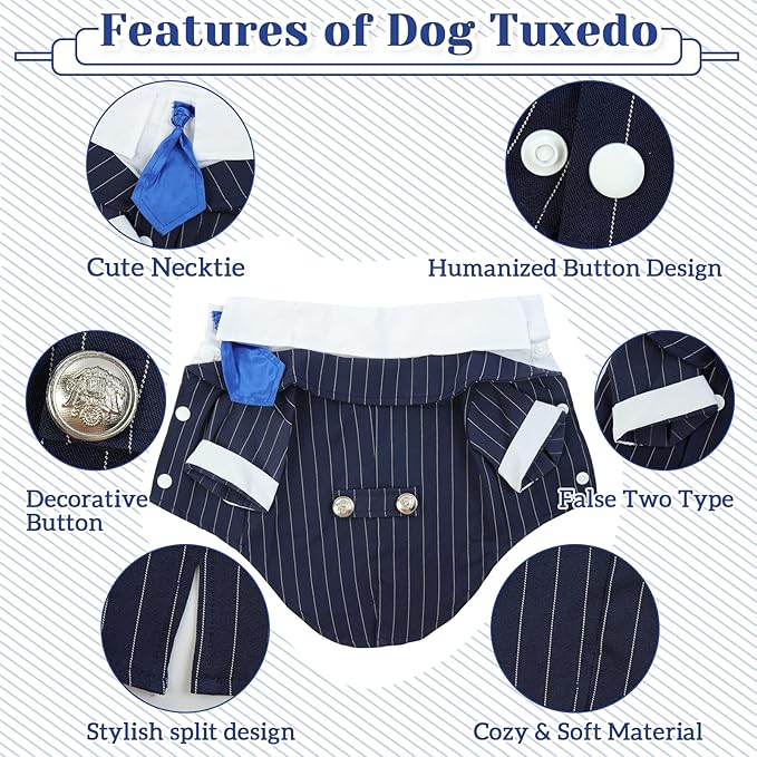 DENTRUN Navy Blue Dog Tuxedo - Formal Pinstripe Pet Suit Shirt with Satin Tie, Elegant Wedding Outfit Birthday Party Attire for Chihuahua Yorkie Shih Tzu Pomeranian Small Dogs (Polyester), S