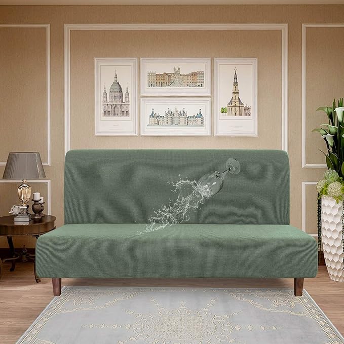 Easy-Going 100% Waterproof Futon Cover, Dual Waterproof Couch Cover for Futon, Stretch Jacquard Sofa Cover, Leakproof Furniture Protector for Kids, Pets, Dog and Cat (Medium, Grayish Green)