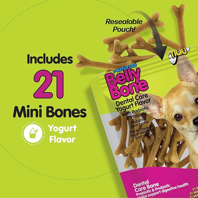 Fido - Belly Bones for Dogs, Yogurt Flavored Mini Dog Dental Treats - 21 Treats Per Pack, 3 Pack - for Small Dogs, Made in USA, Plaque & Tartar Control, Fresh Breath, Digestive Health Support