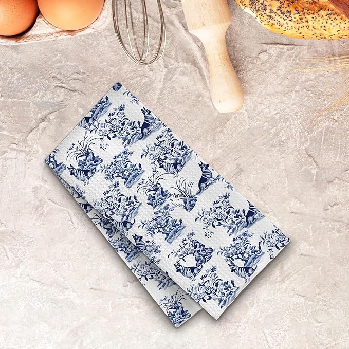Chinoiserie German Shepherd Kitchen Towels, German Shepherd Gifts Dish Tea Towels for Kitchen Decor, Grand Millenial Floral Dog Decorative Hand Towels for Bathroom, 16x24 Inches