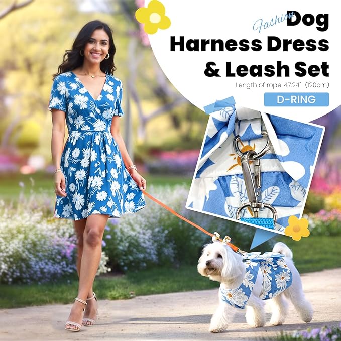 Cute Dog Dress Small Dog Clothes for Girls Female Puppy Outfits Blue Daisy Pet Summer Clothes Bowknot Doggy Cat Princess Dress Harness Set for Holiday Birthday Party Costume Clothing (Blue,XL)
