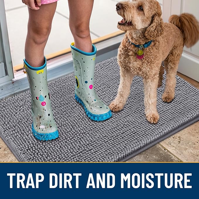 Smiry Dog Door Mat for Muddy Paws 47x20, Absorbs Moisture and Dirt Doormat, Non-Slip Washable Quick Dry Chenille Front Door Mat Indoor Entrance, Entryway Carpet for Inside Floor, Grey