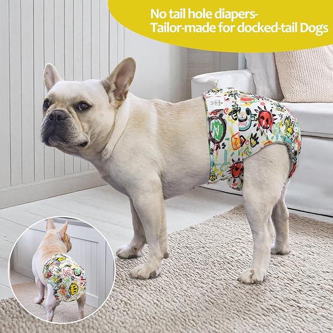 CuteBone Washable Dog Diapers Female No Tail Hole 3 Pack Reusable Doggie Period Training Pants for Docked-Tail Frenchie French Bulldog Boston Terrier Without Tail WWD26XL