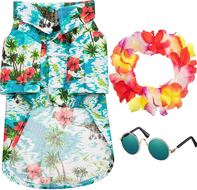 3 Pieces Small Dog Hawaiian Costume Puppy Halloween Cool T-Shirts Summer Clothes with Retro Sunglasses and Colorful Wreath Hawaiian Shirts Costume for Small to Medium Dogs Pet(Green Series)