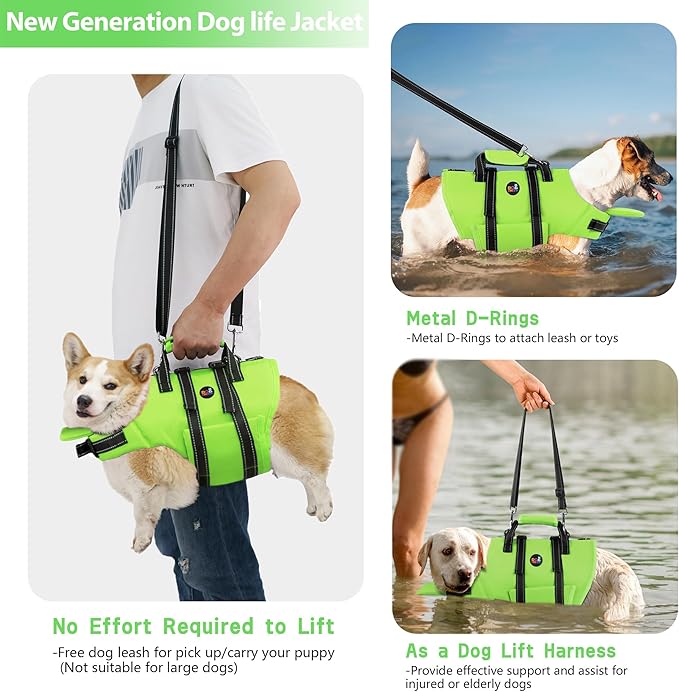 Dogcheer Dog Life Jacket with Back Zipper, High Buoyancy Puppy Swimming Vest, Dog Life Vest for Boating, Reflective Pet Floating Swim Vest PFD for Small Medium Large Dogs-Green,M