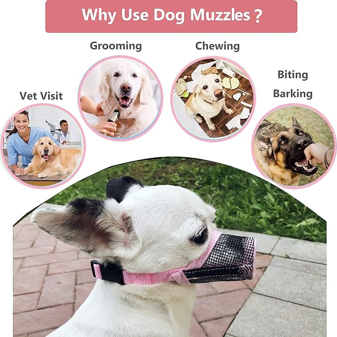 Dog Muzzle 2PCs,Soft Air Mesh Muzzle Breathable for Barking Grooming Biting Chewing for Small Medium Breeds, Barkless Mesh Muzzle Stop Puppy Eating Poop&Rocks XXS XS S (Pink, Black)