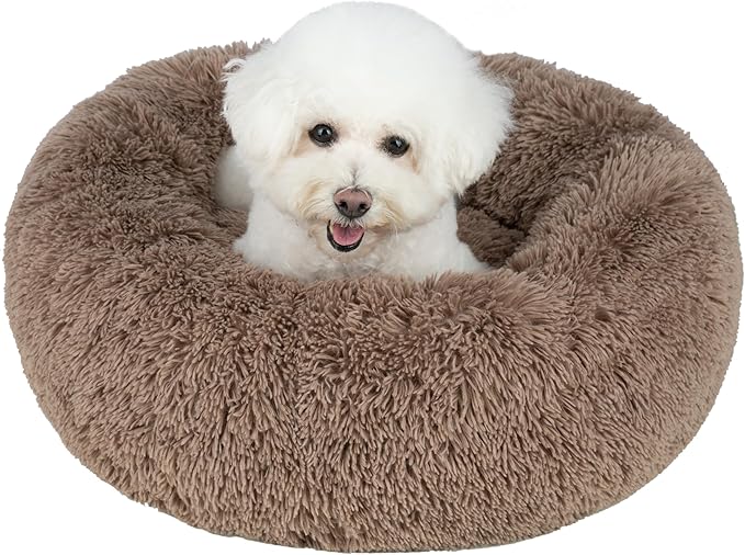 Best Pet Supplies Round Calming Dog Bed for Small, Medium & Large Dogs, Plush Donut Cuddler Pet Bed w/Raised Rim for Head, Neck Support, Anti-Slip Bottom Washable Bed - Caramel, 30 x 30 x 8