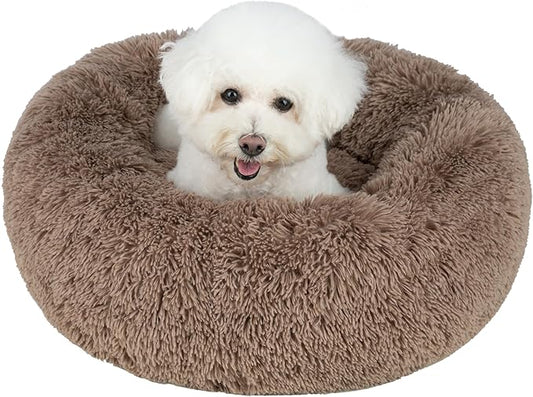 Best Pet Supplies Round Calming Dog Bed for Small, Medium & Large Dogs, Plush Donut Cuddler Pet Bed w/Raised Rim for Head, Neck Support, Anti-Slip Bottom Washable Bed - Caramel, 30 x 30 x 8