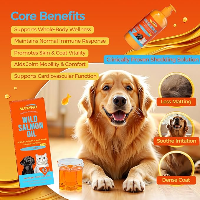 Wild Alaska Salmon Oil for Dogs & Cats Fish Oil Omega 3 Supplements with EPA & DHA for Skin & Coat, Immune, Brain, Joint and Heart Health, Dog & Cat Fish Oil Supplements 236ml（8fl oz）
