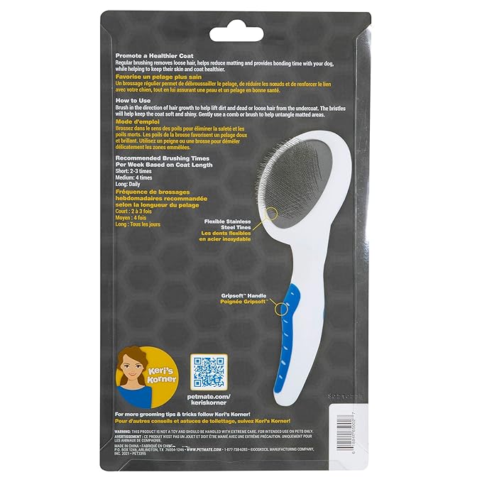 JW Pet Gripsoft Dog Soft Pin Slicker Brush with Non-Slip Rubber Grip (Angled Stainless Steel Tines), Dog Grooming Brush, Assorted Colors, Large, 10"