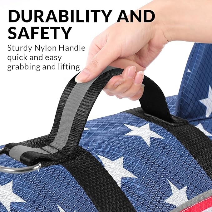 Queenmore Large Dog Life Vest for Boating, American Flag Dog Life Vest for Swimming, Lightweight Medium Dog Life Jacket with Shark Fin/Rescue Handle/Leash Hook, L