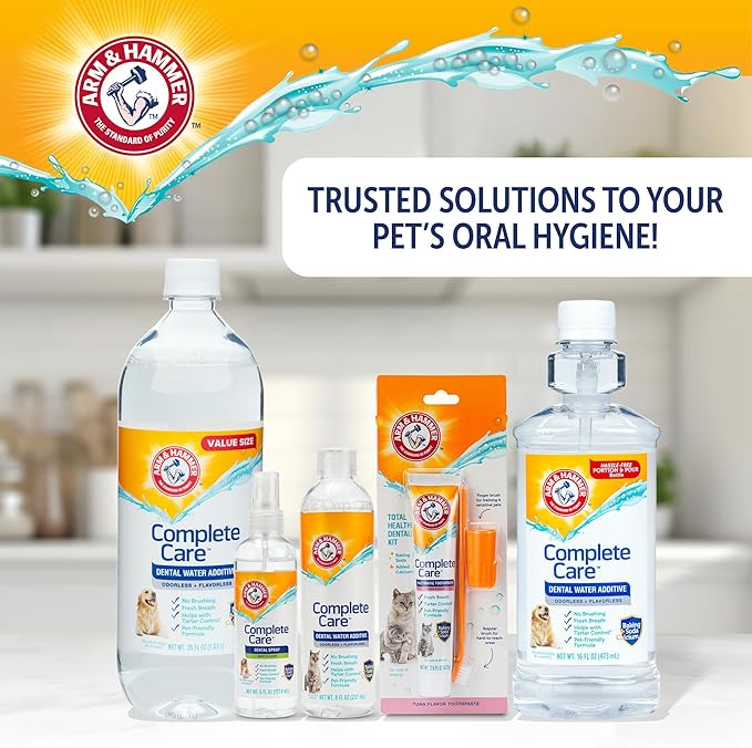 Arm & Hammer Complete Care Dental Water Additive for Dogs, Easy Portion Bottle, Dog Breath Freshener, Dog Mouth Wash or Dental Rinse, Simply Add to Pet Drinking Water for Fresher Breath, 16 FL OZ