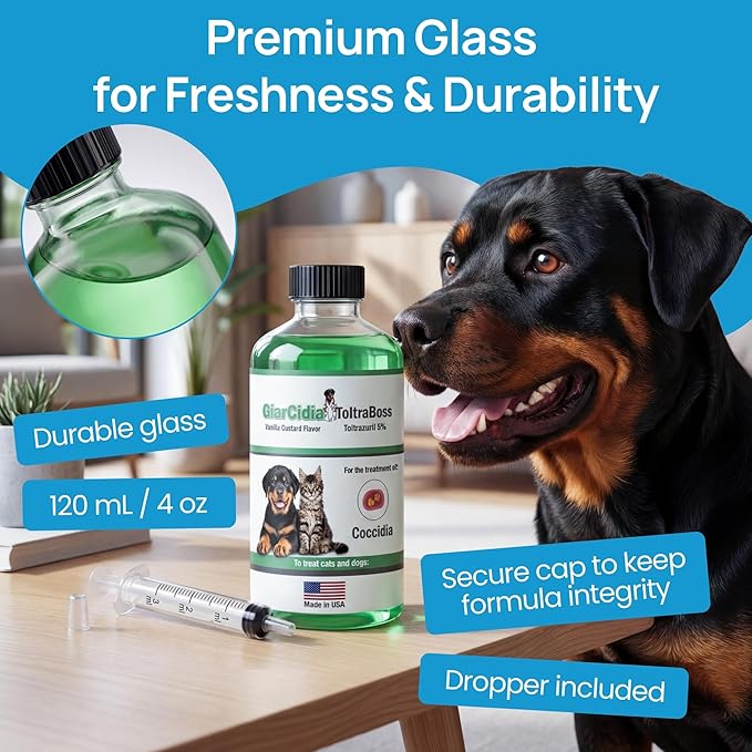 Toltrazuril 5.0% for Dogs and Cats – 120 mL / 4 oz Glass Bottle – Toltrazuril for Coccidia Treatment, Vanilla Flavor, Includes 3 mL Dropper | Oral Suspension Liquid & Easy Dose, Made in USA