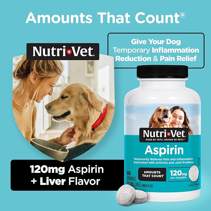 Nutri-Vet Aspirin for Dogs, Arthritis Pain Relief, Small Dog Aspirin, Inflammation Relief, Joint Support for Seniors, 120mg per Tablet, Under 50 lbs, 100 Count