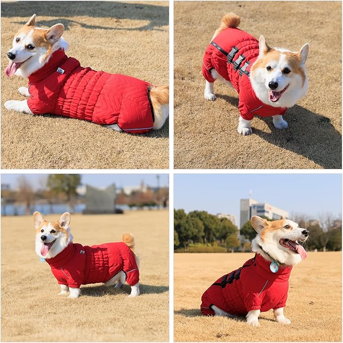 Lovelonglong Warm Dog Coat Double Layers Dog Vest, 4 Legs Covered Windproof Waterproof Reflective Warm Dog Vest Outdoor Skating Dog Costume for Corgis Dachshund Dog Red D-L