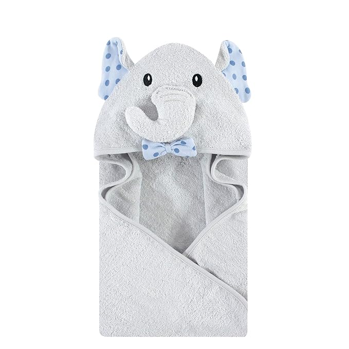 Hudson Baby Unisex Baby Cotton Animal Face Hooded Towel, Blue Dots Gray Elephant, One Size
