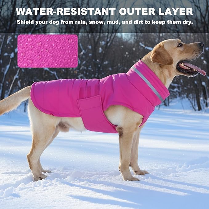Mklhgty Waterproof Dog Coat for Medium Dogs, Warm Dog Winter Jacket, Reflective Windproof Turtleneck Dog Cold Weather Coats with Adjustable Hook & Loop - Pink - M