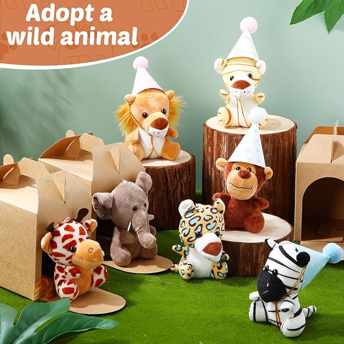 20 Set Safari Mini Jungle Animal Plush Toys Stuffed Forest Animals Plush Toys Set with Birthday Hats Kraft Paper Boxes Adopt Pet for Kid Theme Birthday Favor(Jungle)