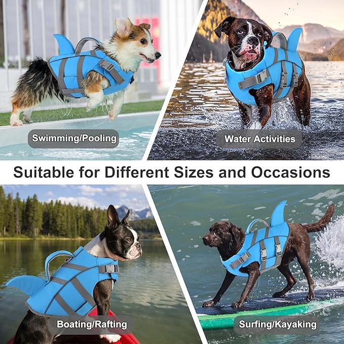 Dogcheer Dog Harness-Style Life Jacket Shark, Reflective Dog Life Vest for Swimming Boating, Adjustable Puppy Swim Vest, Pet Floating Device for Small Medium Large Dogs - Blue, L