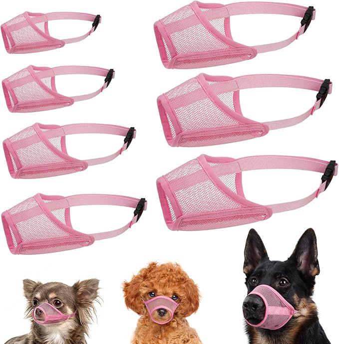 LUCKYPAW Dog Muzzle Suits for Small Medium Large Dogs, Mesh Muzzle Anti Biting Chewing, Breathable Mouth Cover Set with Adjustable Strap for Grooming Vet Visiting Training (7 PCS(XXS-XXL), Pink)