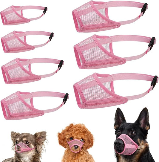 LUCKYPAW Dog Muzzle Suits for Small Medium Large Dogs, Mesh Muzzle Anti Biting Chewing, Breathable Mouth Cover Set with Adjustable Strap for Grooming Vet Visiting Training (7 PCS(XXS-XXL), Pink)