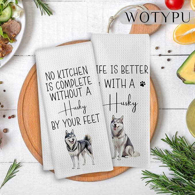 Funny Husky Kitchen Towels, Gifts for Husky Lovers, Dog Mom Dad Gifts Dish Tea Towels for Kitchen, Housewarming Gift Decorative Hand Towel, 16x24 Inch Set of 2