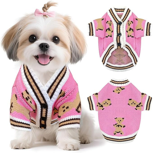 Small Dog Sweaters Cute Bear Knitted Dog Cardigans Clothes for Small Medium Dogs Soft Pet Puppy Cat Knitting Outfits Fall Winter Warm Boy Girl Dogs Knitwear Coat Apparel(Pink, Large)