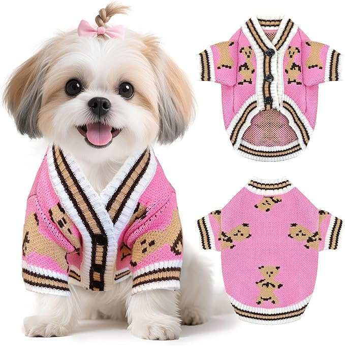 Small Dog Sweaters Cute Bear Knitted Dog Cardigans Clothes for Small Medium Dogs Soft Pet Puppy Cat Knitting Outfits Fall Winter Warm Boy Girl Dogs Knitwear Coat Apparel (Pink, Small)