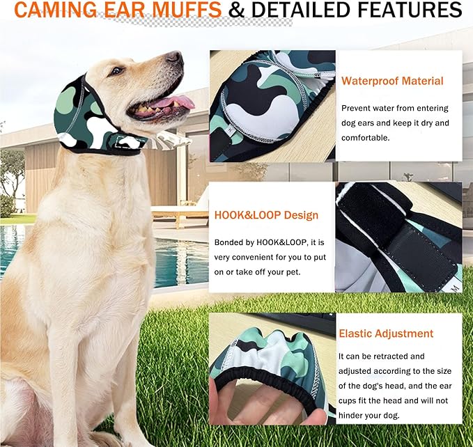 BAMY Swimming Waterproof Dog Ear Caps Calming Large Dog Ears Cover Shower Cap for Ear Protection for Bath for Grooming (Camouflage, M (Head Circumference 14"-19"))