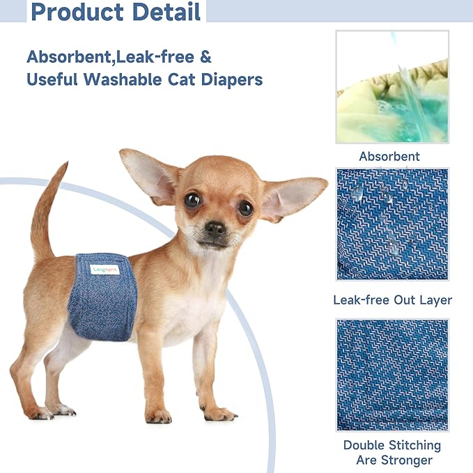 Langsprit Male Belly Bands for Dogs (Pack of 3) - Dog Diapers Male - High Absorbing Dog Wraps Washable - Reusable Small Doggy Doggie Puppy Dog Diapers Jeans M