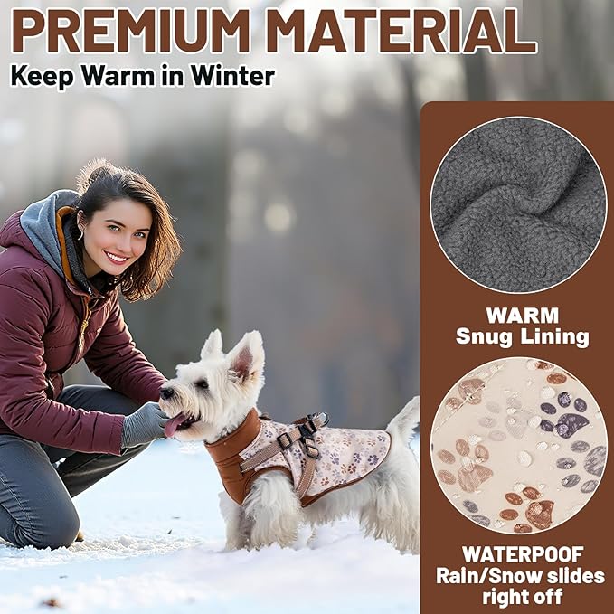 Dog Winter Coat for Small & Medium Dogs, Waterproof Dog Coat with Harness, Puppies Windproof Puppy Puffer Jacket, Snowsuit for Dachshund, Frenchie, Corgi (Paw Brown,2XL)